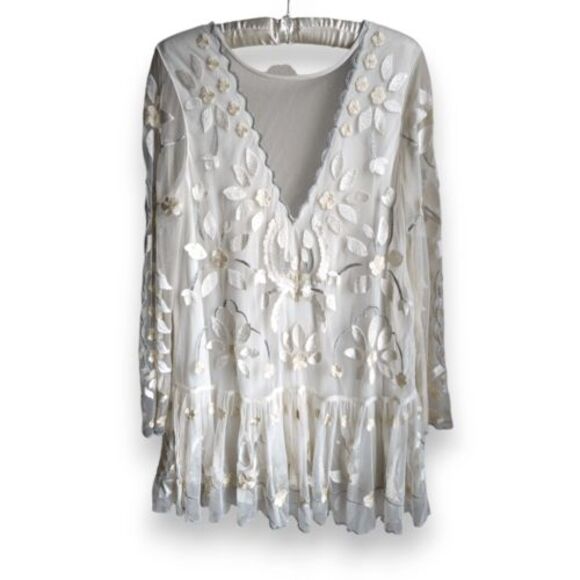 Free People Hearts are Wild embroidered sheer illusion mini dress‎ Ivory size S - Picture 3 of 12